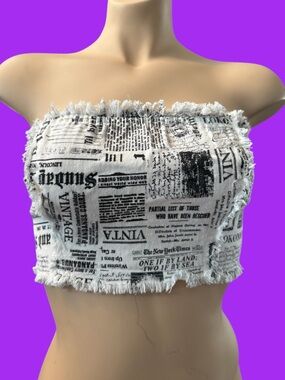 NWT Frayed Newspaper-Print Strapless Crop Top - White/Black Rehab Lab